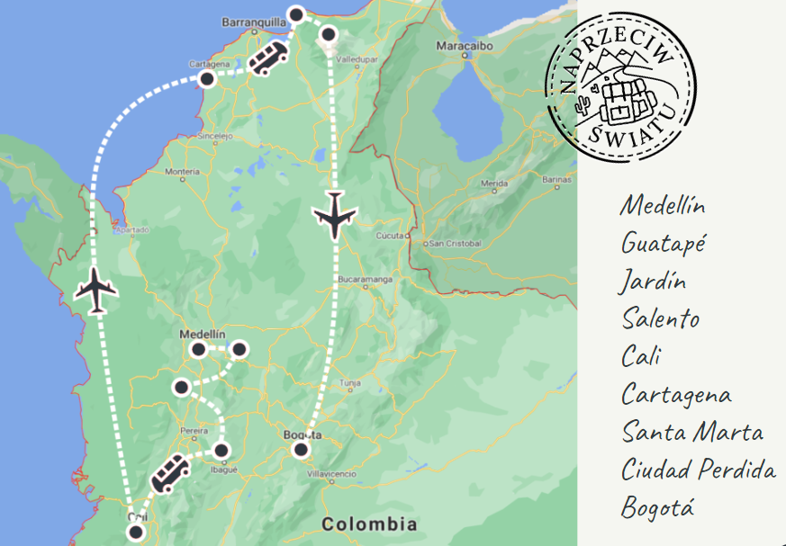 Mapa podróży po Kolumbii